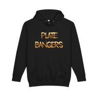 Plate Bangers black heavyweight fleece hoodie featuring distressed gold logo lettering on the chest.