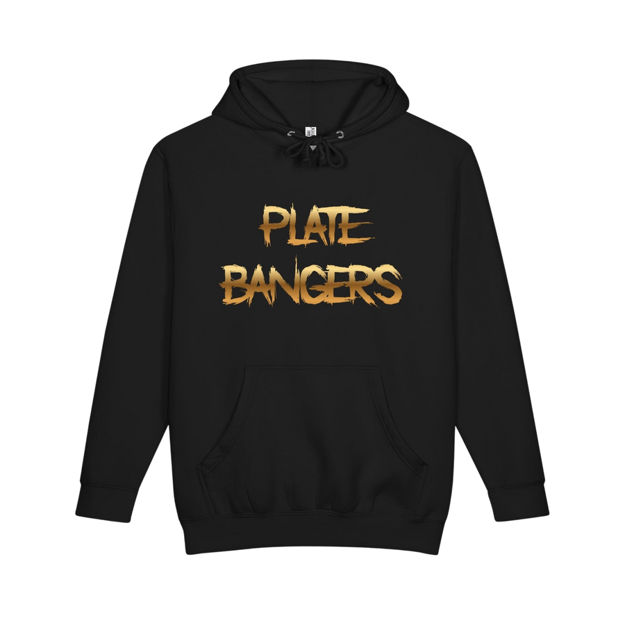 Plate Bangers black heavyweight fleece hoodie featuring distressed gold logo lettering on the chest.