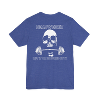 Deadweight Skull Barbell Cotton Gym T-Shirt by Printify featuring a bold skull and barbell graphic on a white cotton t-shirt.