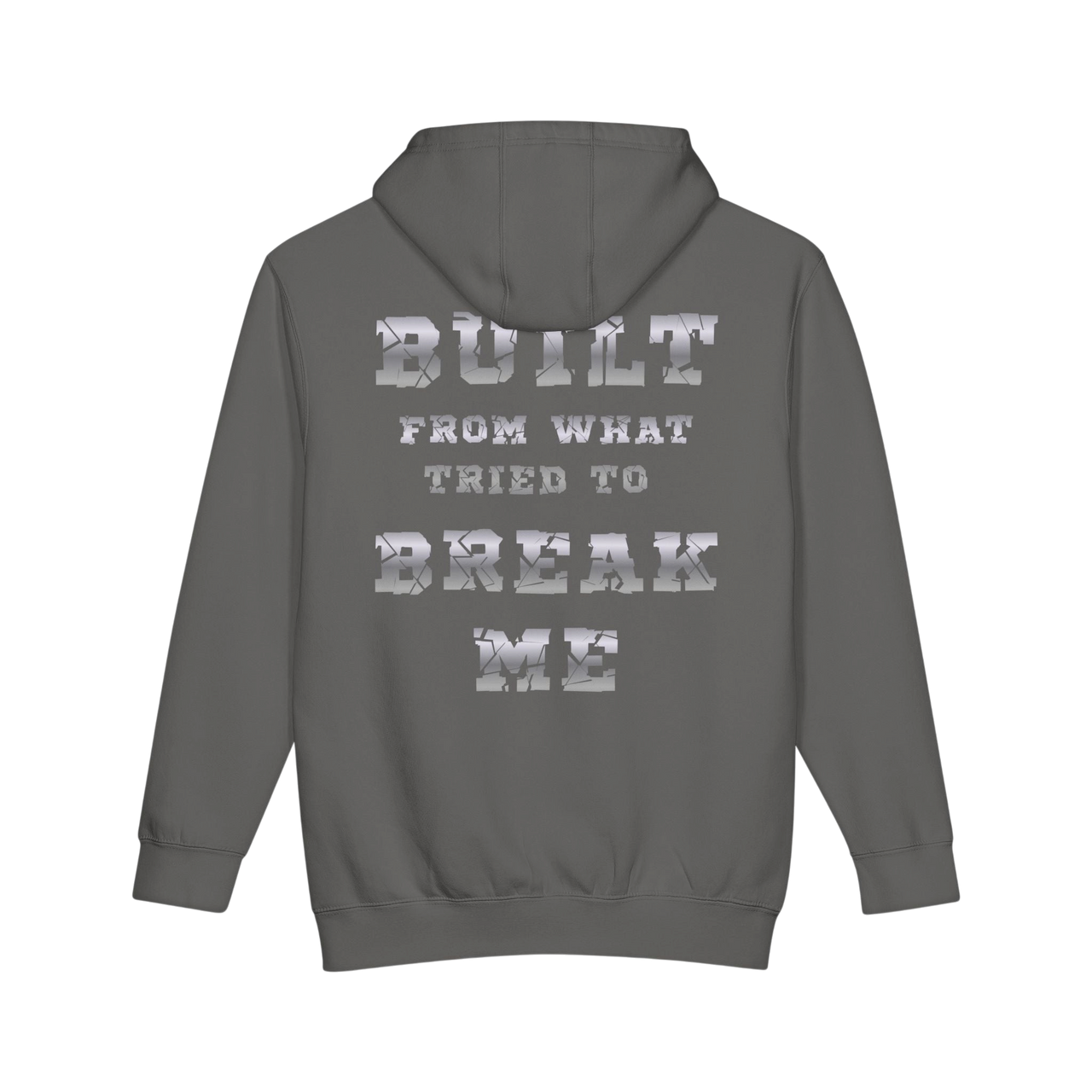 Gray Plate Bangers Hoodie by Printify featuring a "Built From What Tried To Break Me" slogan on a heavyweight pullover.