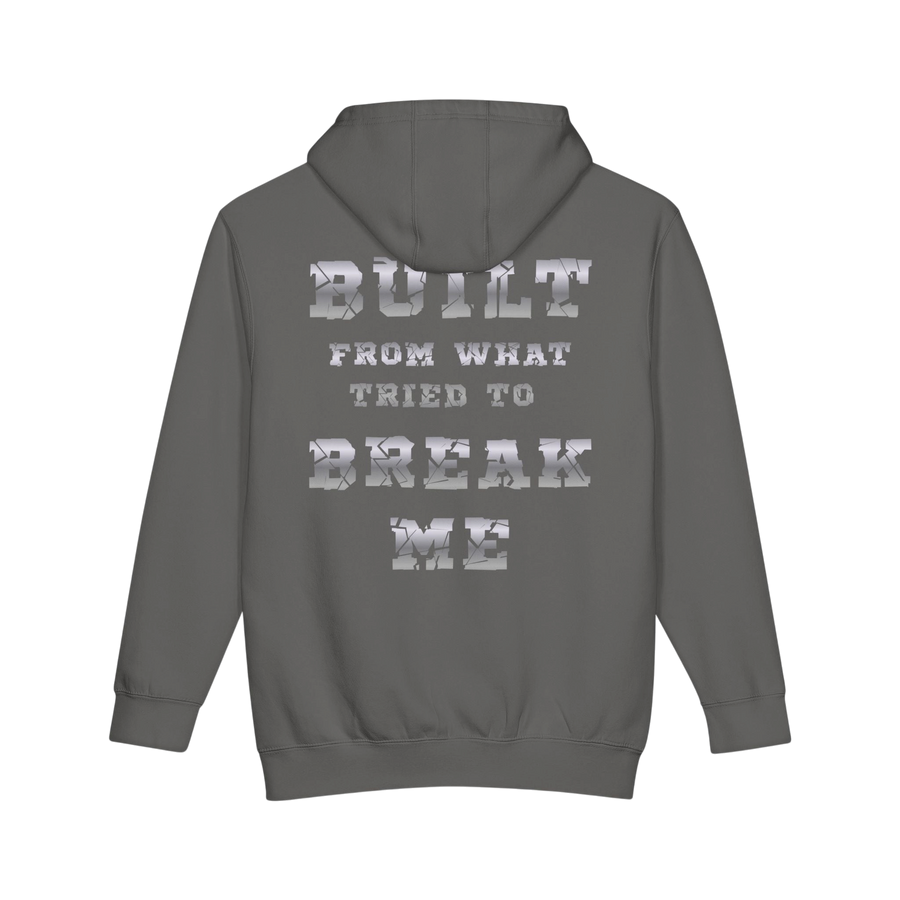 Gray Plate Bangers Hoodie by Printify featuring a "Built From What Tried To Break Me" slogan on a heavyweight pullover.