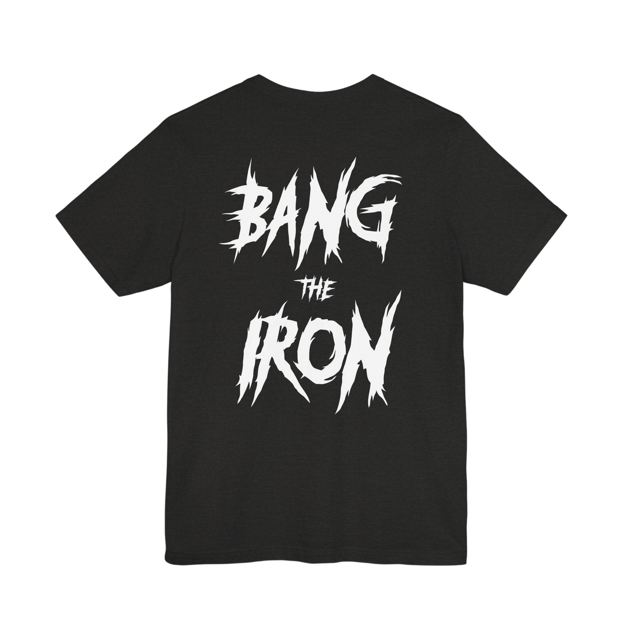 Black "Bang The Iron" weightlifting T-shirt by Plate Bangers featuring bold printed design on front, casual athletic apparel.