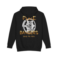 Plate Bangers black heavyweight hoodie with a distressed gold 45-lb weight plate graphic on the back