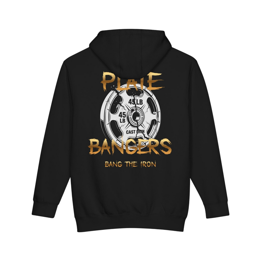 Plate Bangers black heavyweight hoodie with a distressed gold 45-lb weight plate graphic on the back