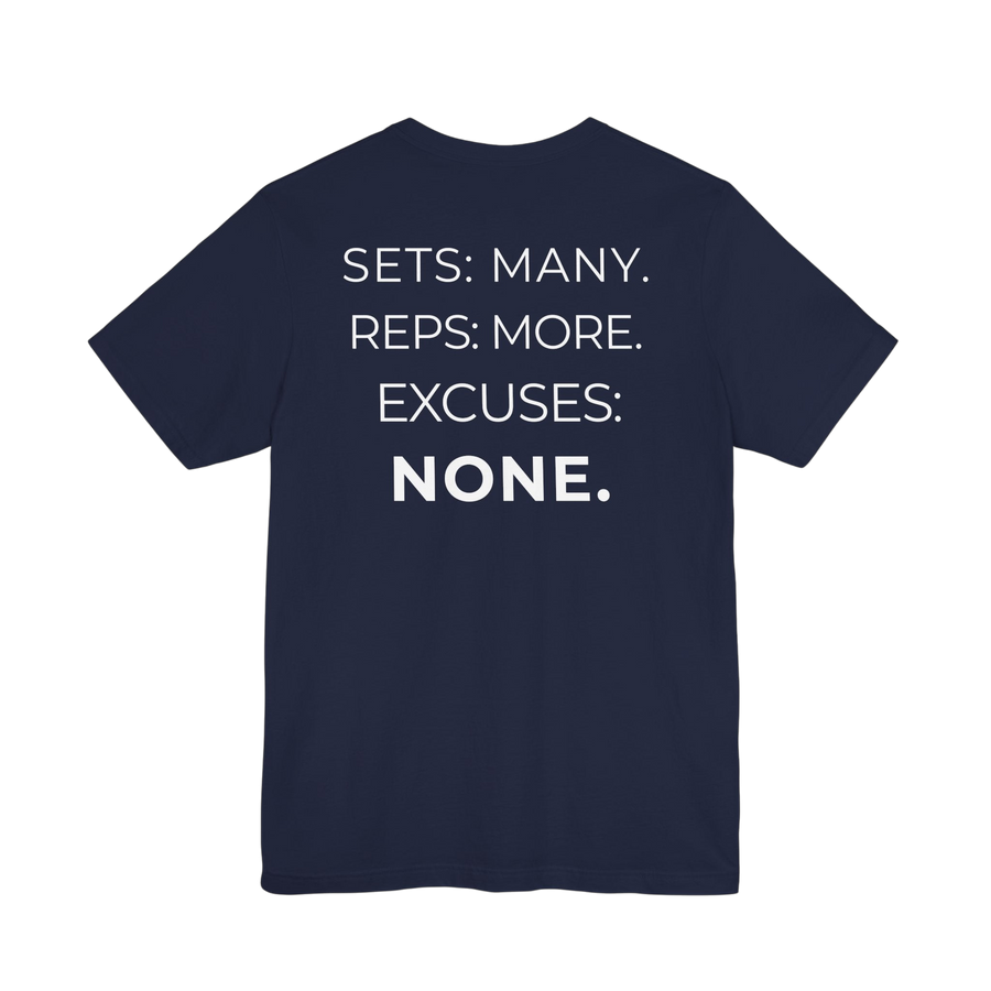Printify "Sets Many Reps More Excuses None" gym T-shirt, black cotton with bold white motivational text, casual athletic wear.