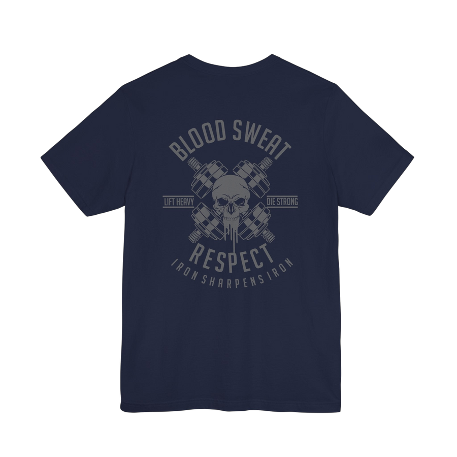 Black Blood, Sweat & Respect weightlifting T-shirt by Printify, featuring bold graphic print and comfortable fit for gym workouts.