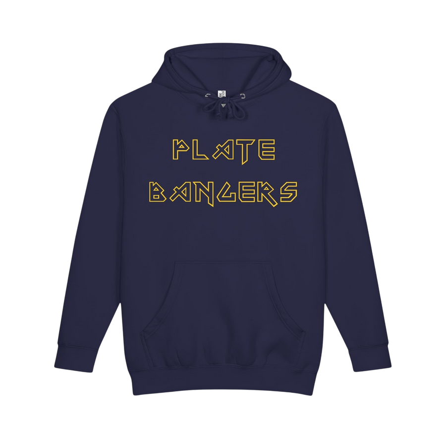 Plate Bangers Hoodie with "Bang the Iron, Break the Mold" slogan, featuring a comfortable gym sweatshirt design by Printify.
