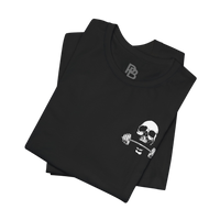 Deadweight Skull Barbell cotton gym T-shirt by Printify, featuring a graphic design of a skull with barbells on a black fabric background.
