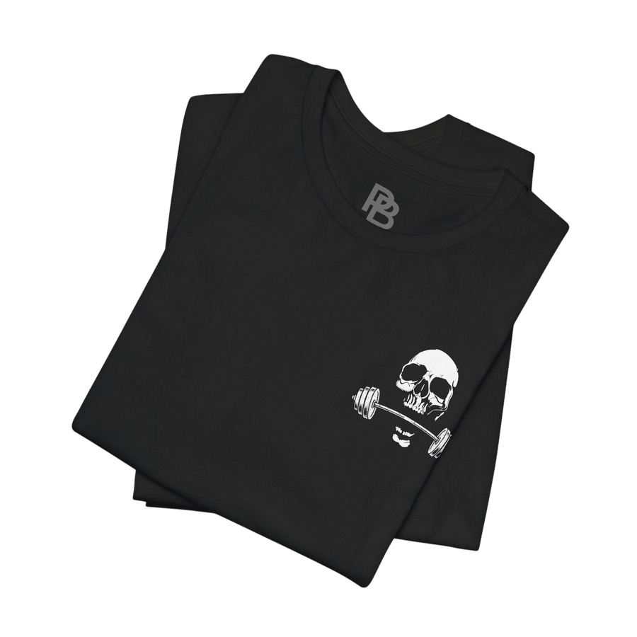 Deadweight Skull Barbell cotton gym T-shirt by Printify, featuring a graphic design of a skull with barbells on a black fabric background.