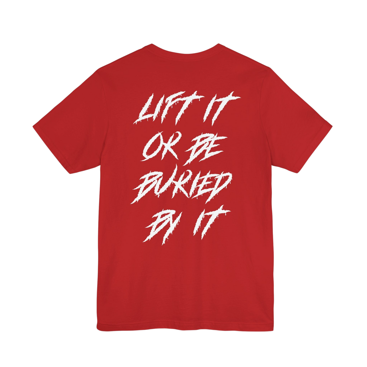Black Lift It or Be Buried weightlifting T-shirt featuring bold white Deadweight logo on front, casual fit for gym wear.