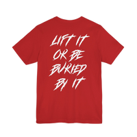 Black Lift It or Be Buried weightlifting T-shirt featuring bold white Deadweight logo on front, casual fit for gym wear.