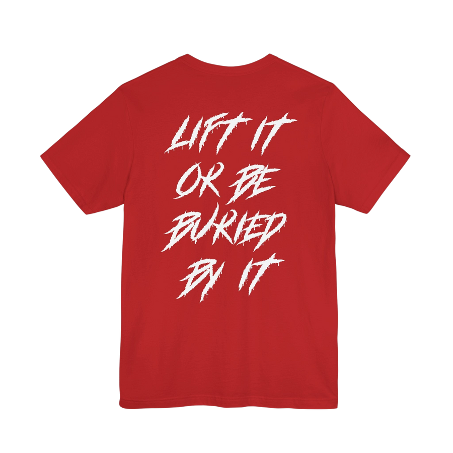 Black Lift It or Be Buried weightlifting T-shirt featuring bold white Deadweight logo on front, casual fit for gym wear.