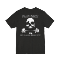 Deadweight Skull Barbell cotton gym T-shirt by Printify, featuring a bold skull and barbell graphic on a white athletic tee.