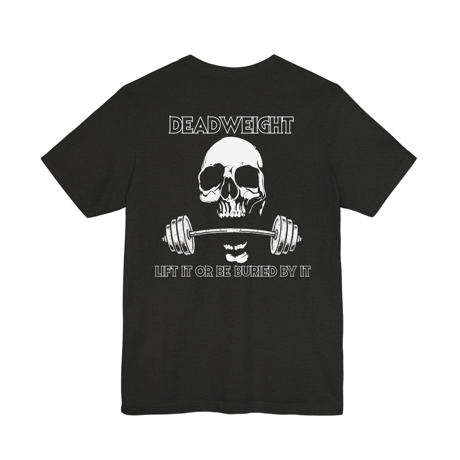 Deadweight Skull Barbell cotton gym T-shirt by Printify, featuring a bold skull and barbell graphic on a white athletic tee.