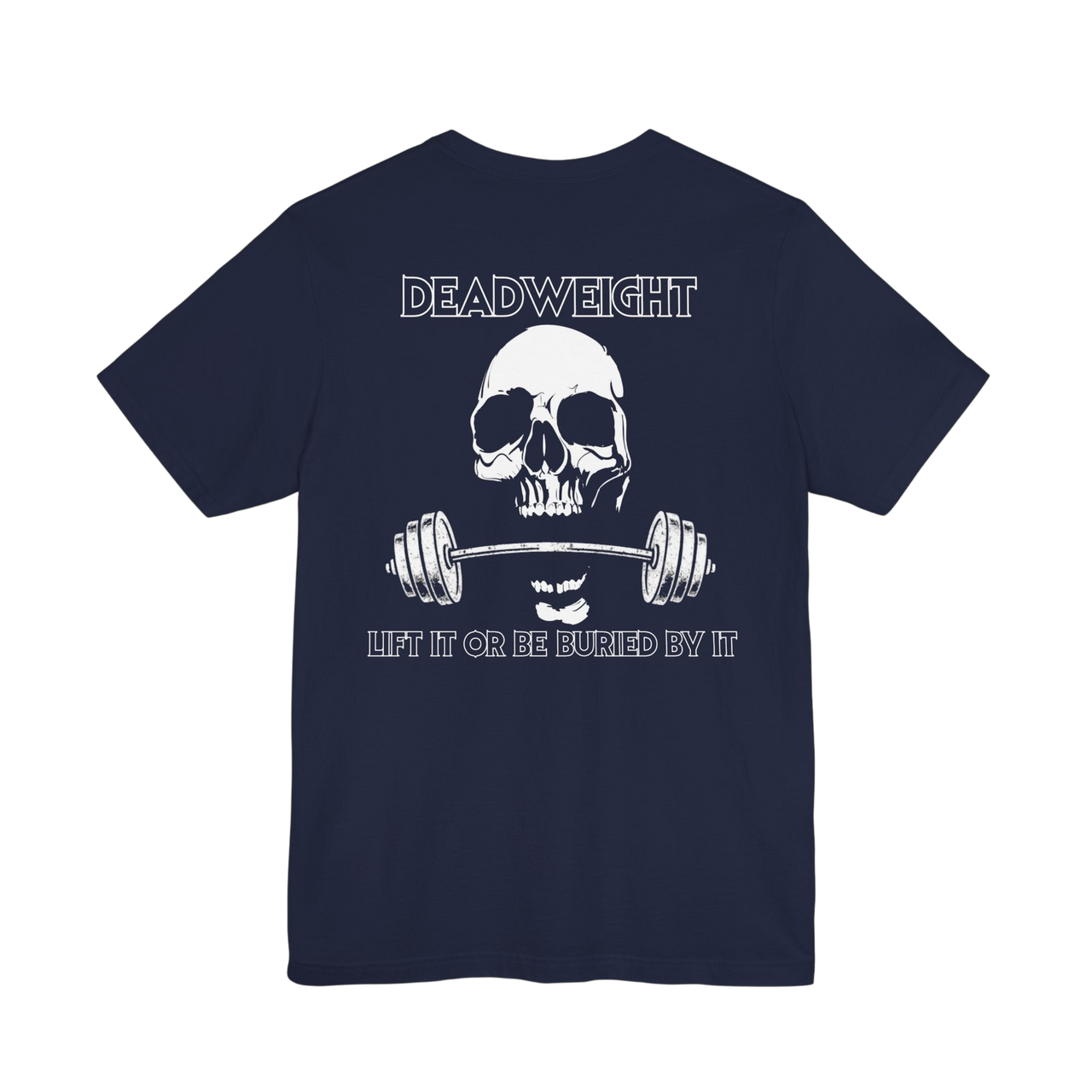 Deadweight Skull Barbell Cotton T-Shirt by Printify showing a graphic design on the front, casual gym apparel for weightlifting.