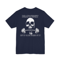 Deadweight Skull Barbell Cotton T-Shirt by Printify showing a graphic design on the front, casual gym apparel for weightlifting.