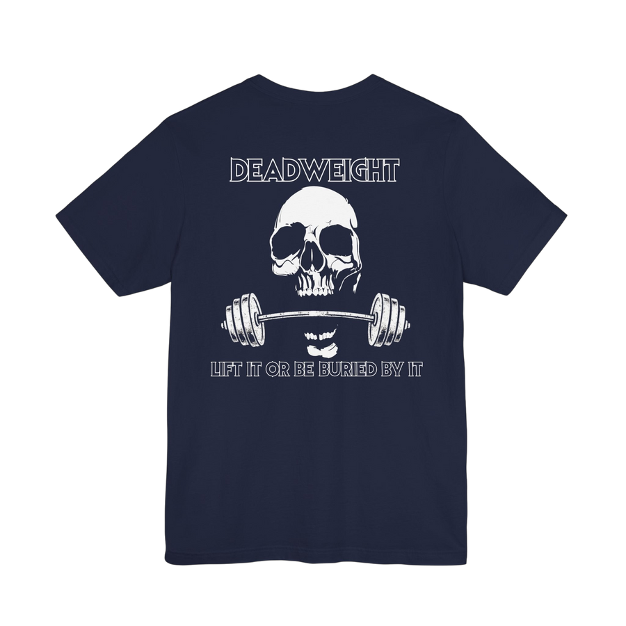 Deadweight Skull Barbell Cotton T-Shirt by Printify showing a graphic design on the front, casual gym apparel for weightlifting.