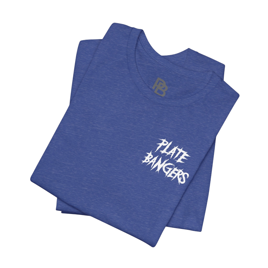 Black "Bang The Iron" weightlifting T-shirt by Plate Bangers featuring bold graphic print on front, casual athletic wear.