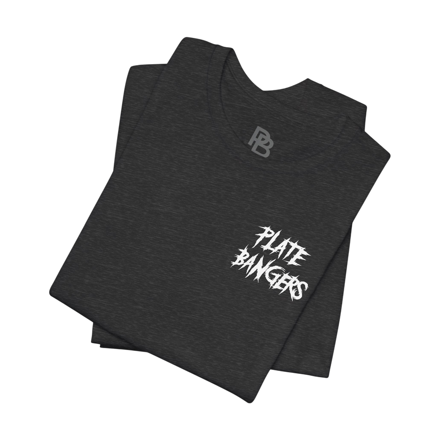 Bang The Iron weightlifting T-shirt by Printify featuring a bold graphic design of weight plates and barbell on the front.