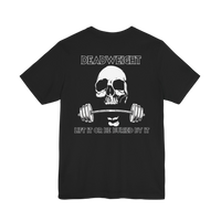 Cotton gym t-shirt featuring a deadweight skull barbell design, ideal for workout and fitness enthusiasts.