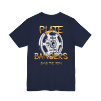 Broken plate weightlifting T-shirt featuring Plate Bangers logo, casual fit, and graphic design for gym and fitness enthusiasts.