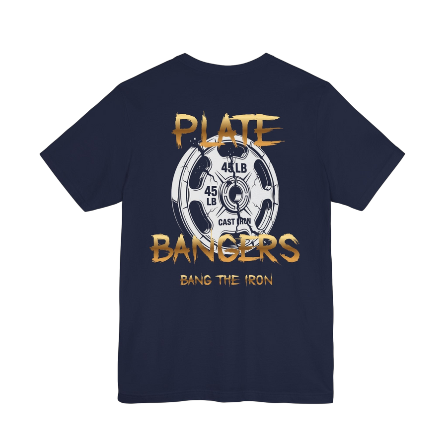 Broken plate weightlifting T-shirt featuring Plate Bangers logo, casual fit, and graphic design for gym and fitness enthusiasts.