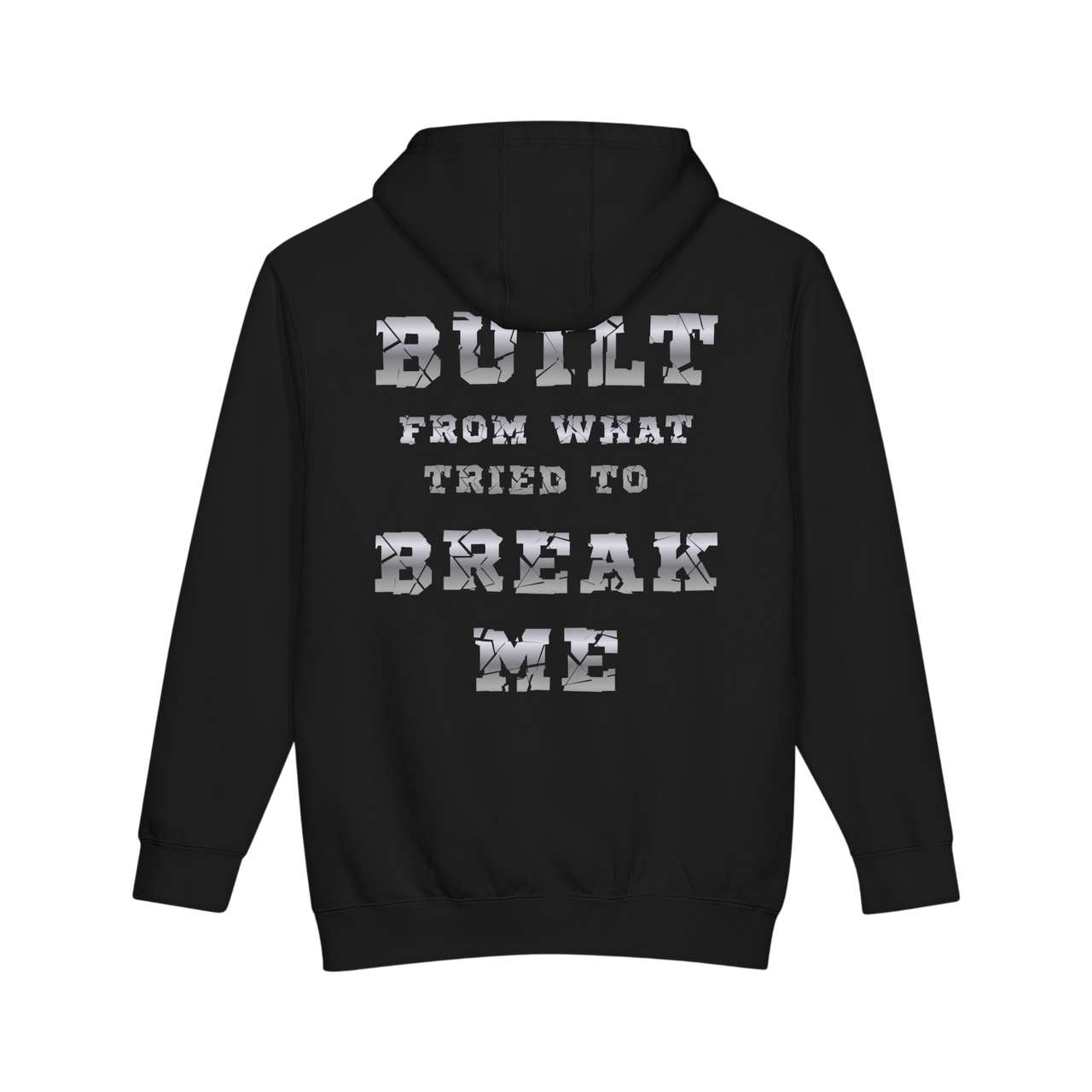 Gray Plate Bangers Hoodie by Printify featuring "Built From What Tried To Break Me" slogan on a heavyweight pullover.
