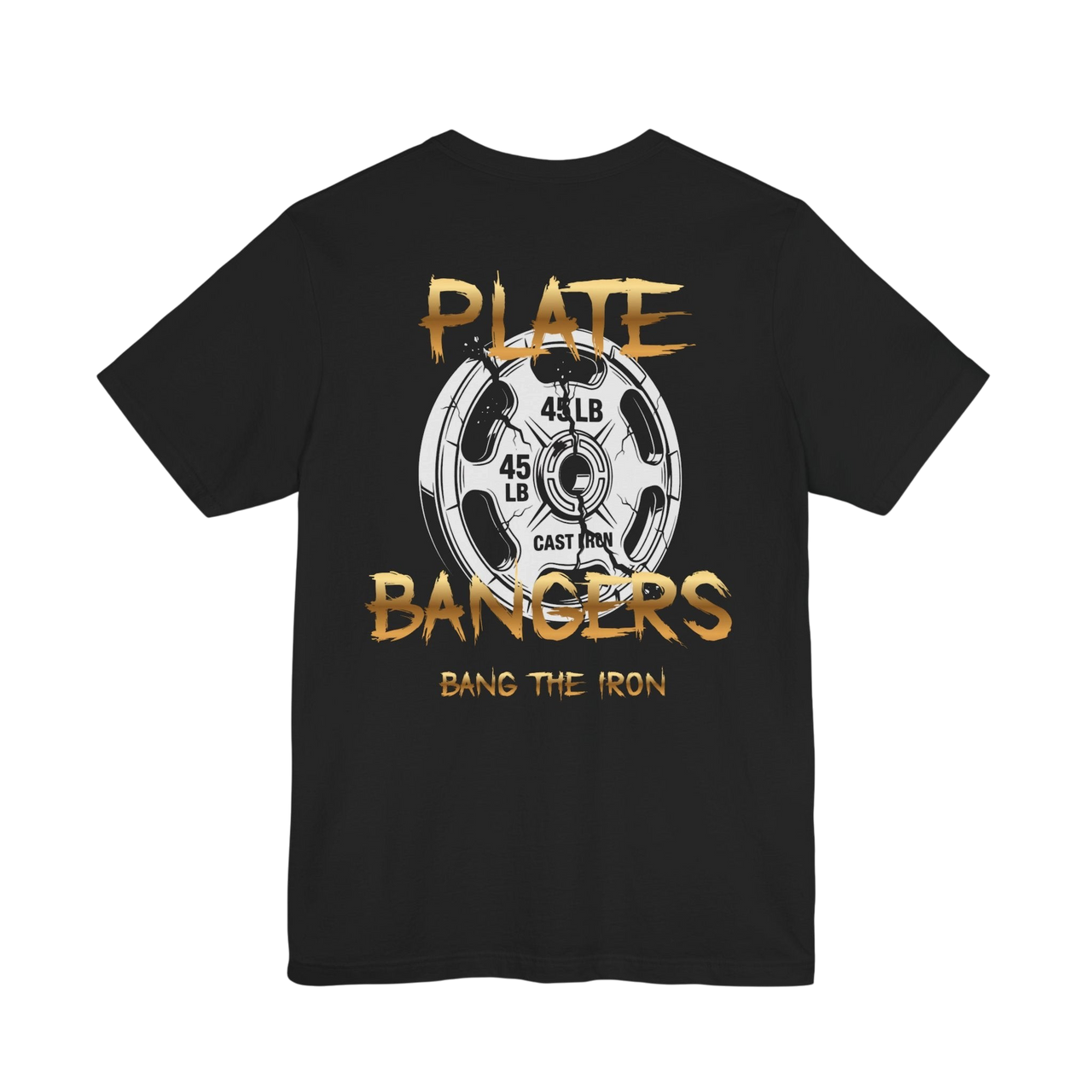 Broken Plate Weightlifting T-Shirt by Plate Bangers featuring a graphic design of a shattered plate on a black printify T-shirt.