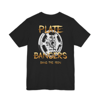 Broken Plate Weightlifting T-Shirt by Plate Bangers featuring a graphic design of a shattered plate on a black printify T-shirt.