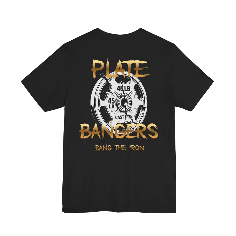 Broken Plate Weightlifting T-Shirt by Plate Bangers featuring a graphic design of a shattered plate on a black printify T-shirt.