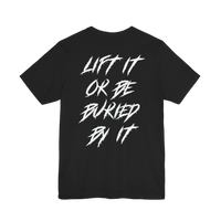 Black Lift It or Be Buried weightlifting T-shirt by Deadweight featuring bold white print and athletic fit.