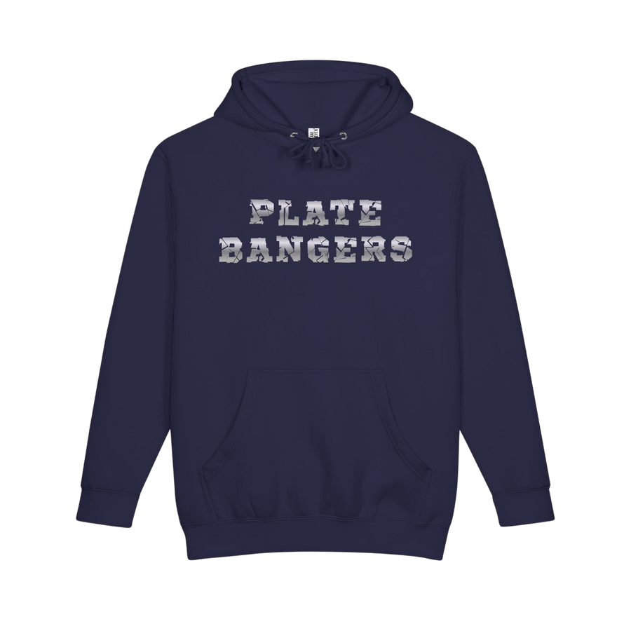 Gray Plate Bangers hoodie with "Built From What Tried To Break Me" slogan, heavyweight pullover, casual hoodie, Printify branding.