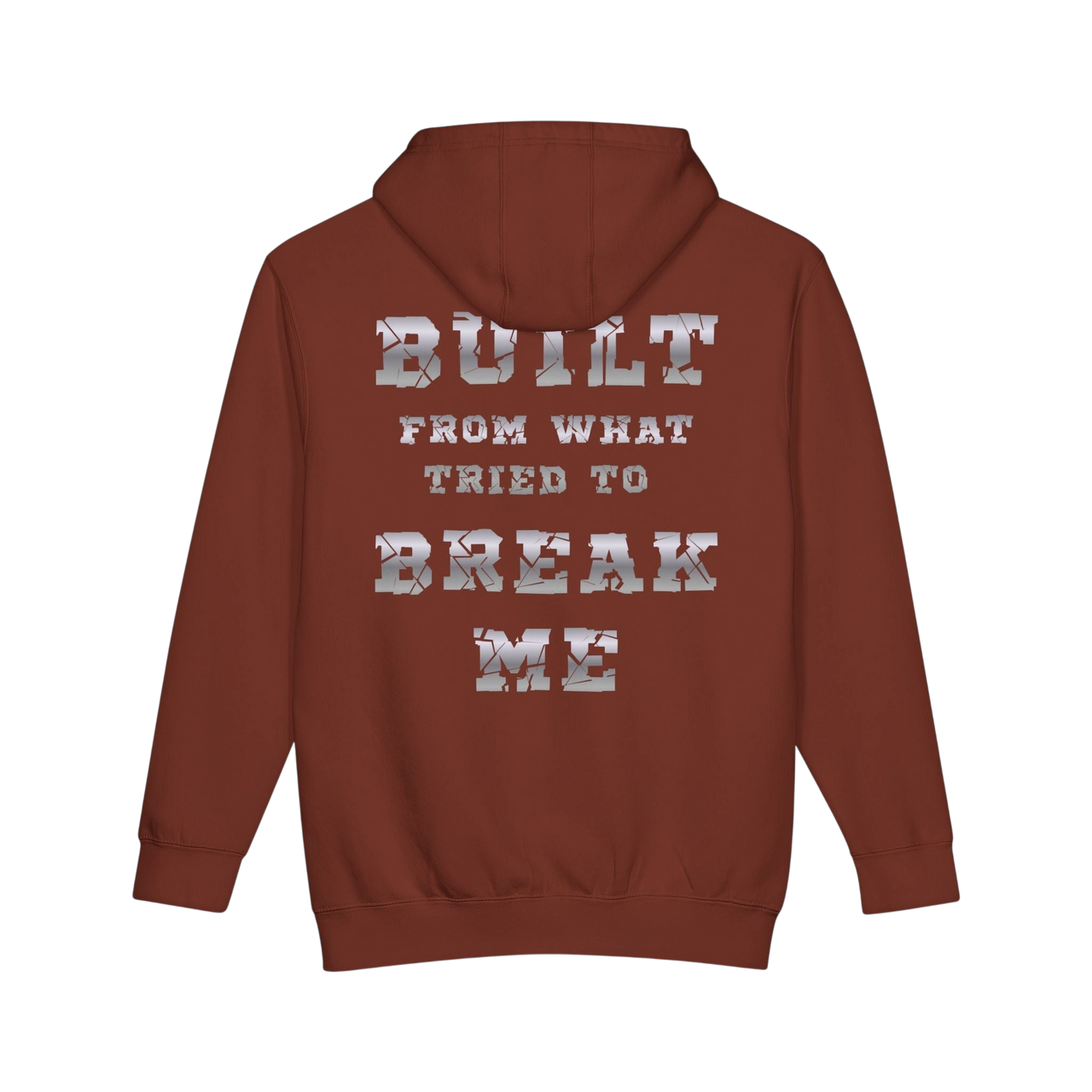 Gray Plate Bangers Hoodie by Printify featuring "Built From What Tried To Break Me" slogan, heavyweight pullover with front graphic.