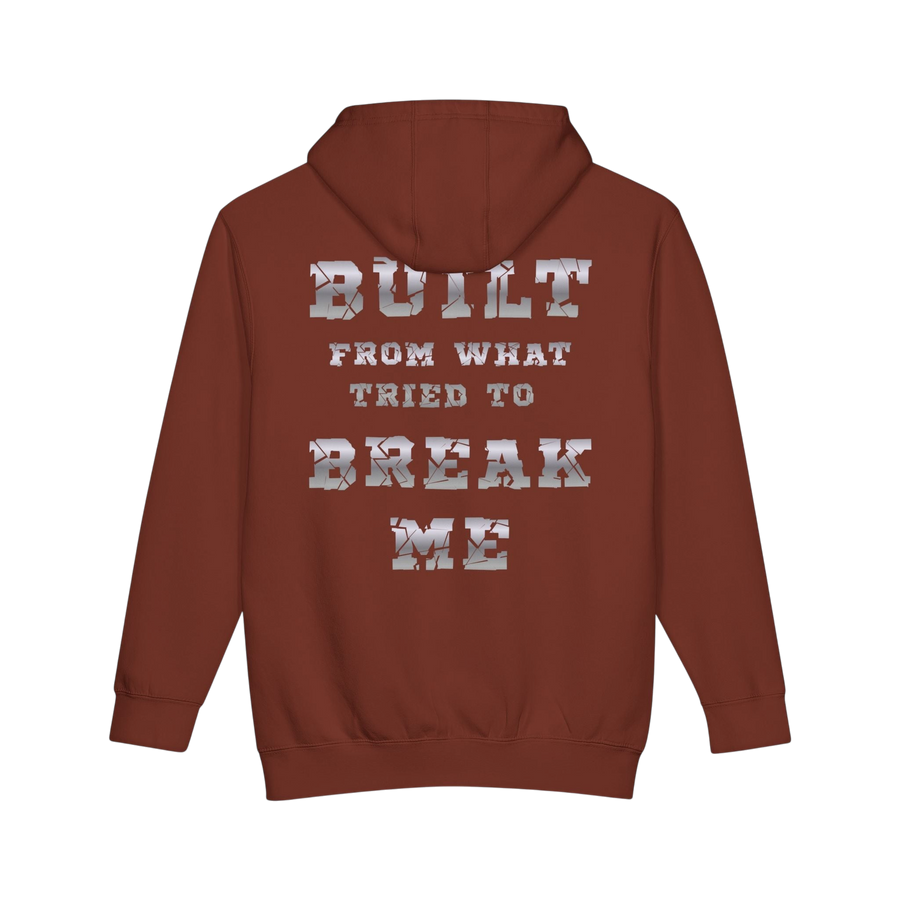 Gray Plate Bangers Hoodie by Printify featuring "Built From What Tried To Break Me" slogan, heavyweight pullover with front graphic.