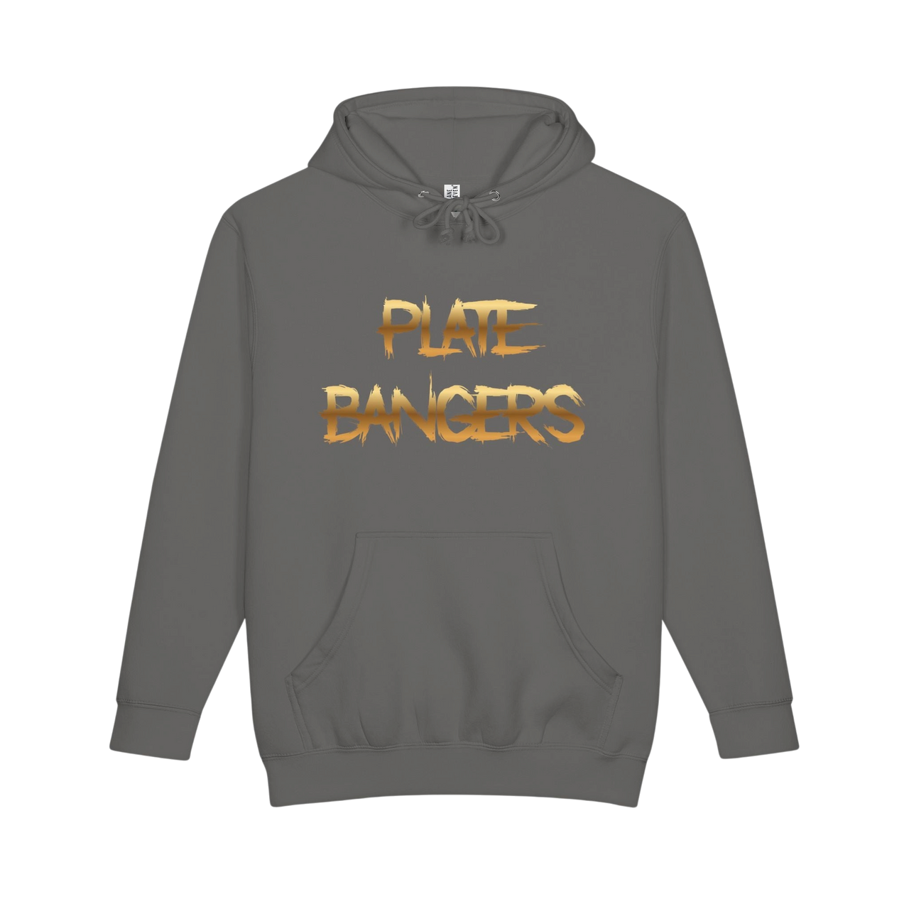 Plate Bangers charcoal grey heavyweight fleece hoodie with distressed gold logo lettering on the chest.