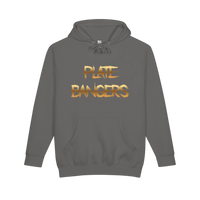 Plate Bangers charcoal grey heavyweight fleece hoodie with distressed gold logo lettering on the chest.