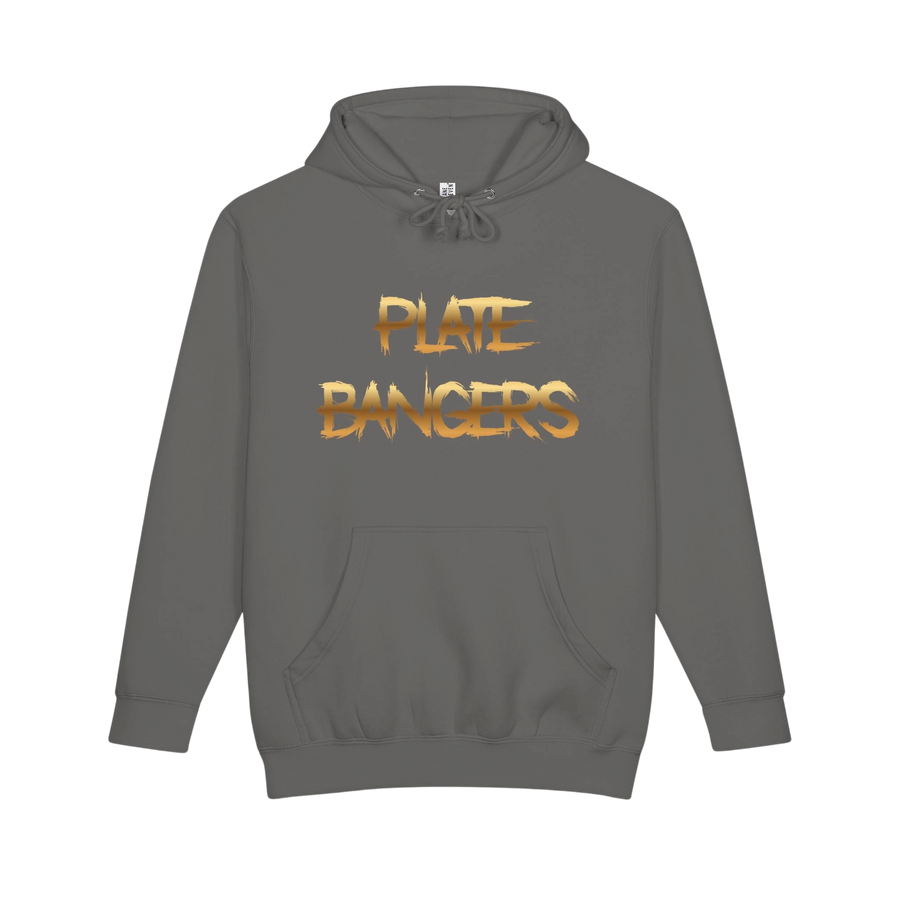 Plate Bangers charcoal grey heavyweight fleece hoodie with distressed gold logo lettering on the chest.
