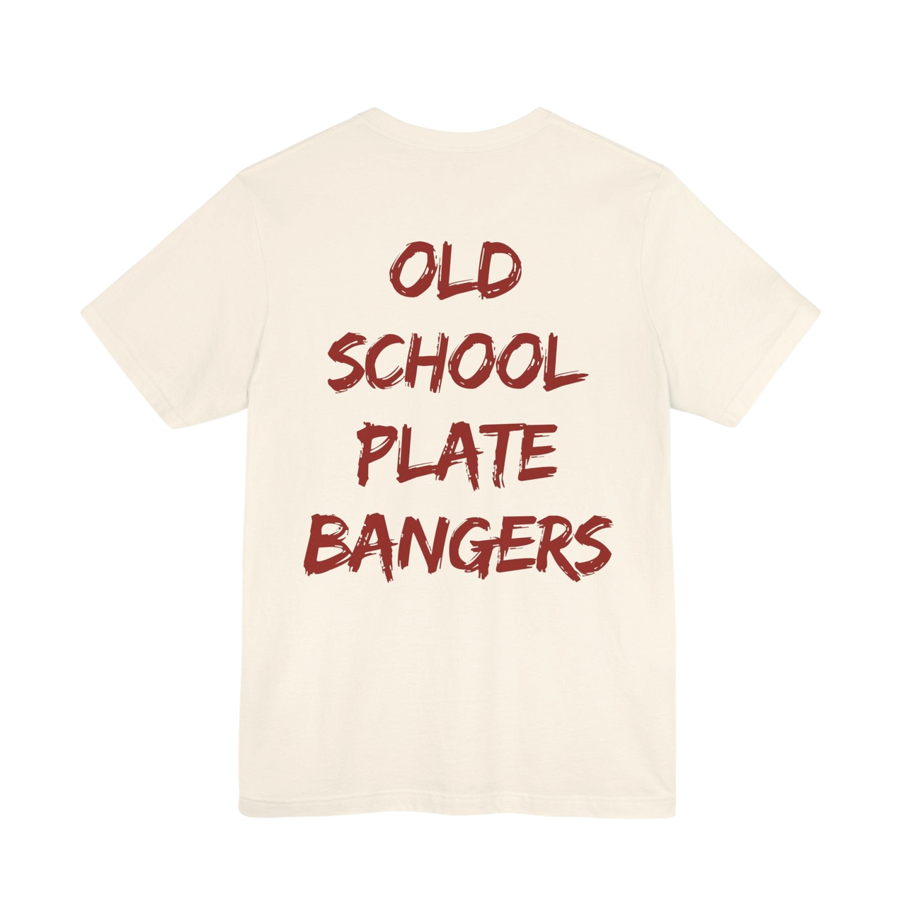 Old School Plate Bangers weightlifting T-shirt featuring bold graphic design in black and white for fitness enthusiasts.