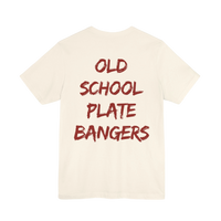 Old School Plate Bangers weightlifting T-shirt featuring bold graphic design in black and white for fitness enthusiasts.
