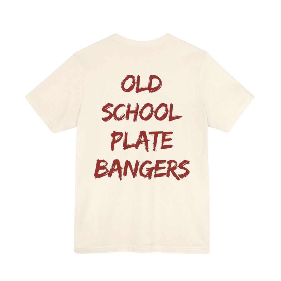 Old School Plate Bangers weightlifting T-shirt featuring bold graphic design in black and white for fitness enthusiasts.