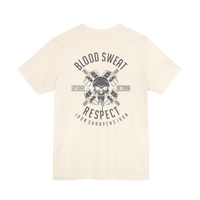 Blood, Sweat & Respect weightlifting T-shirt by Printify featuring bold graphic design on a comfortable black cotton shirt.
