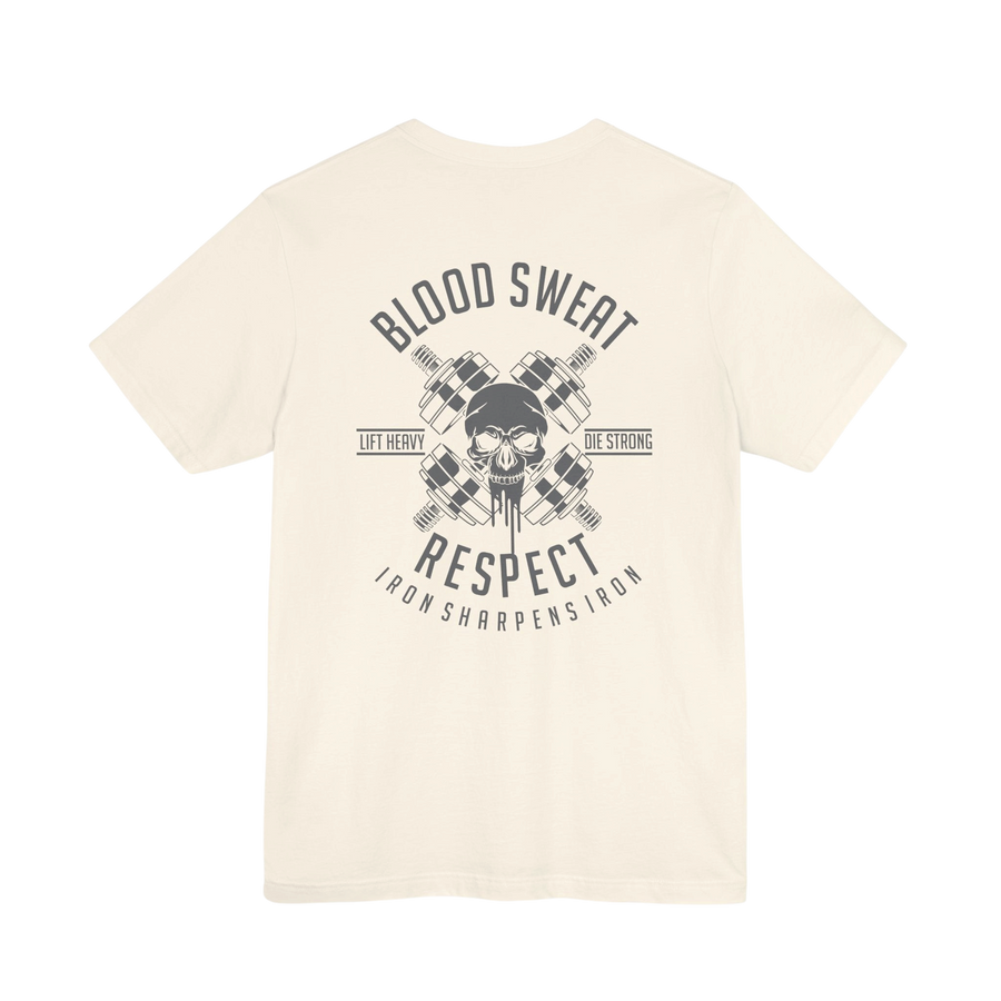 Blood, Sweat & Respect weightlifting T-shirt by Printify featuring bold graphic design on a comfortable black cotton shirt.