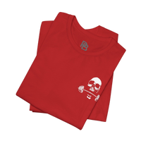 Deadweight Skull Barbell Cotton Gym T-Shirt by Printify featuring a bold skull and barbell graphic on a comfortable white tee.