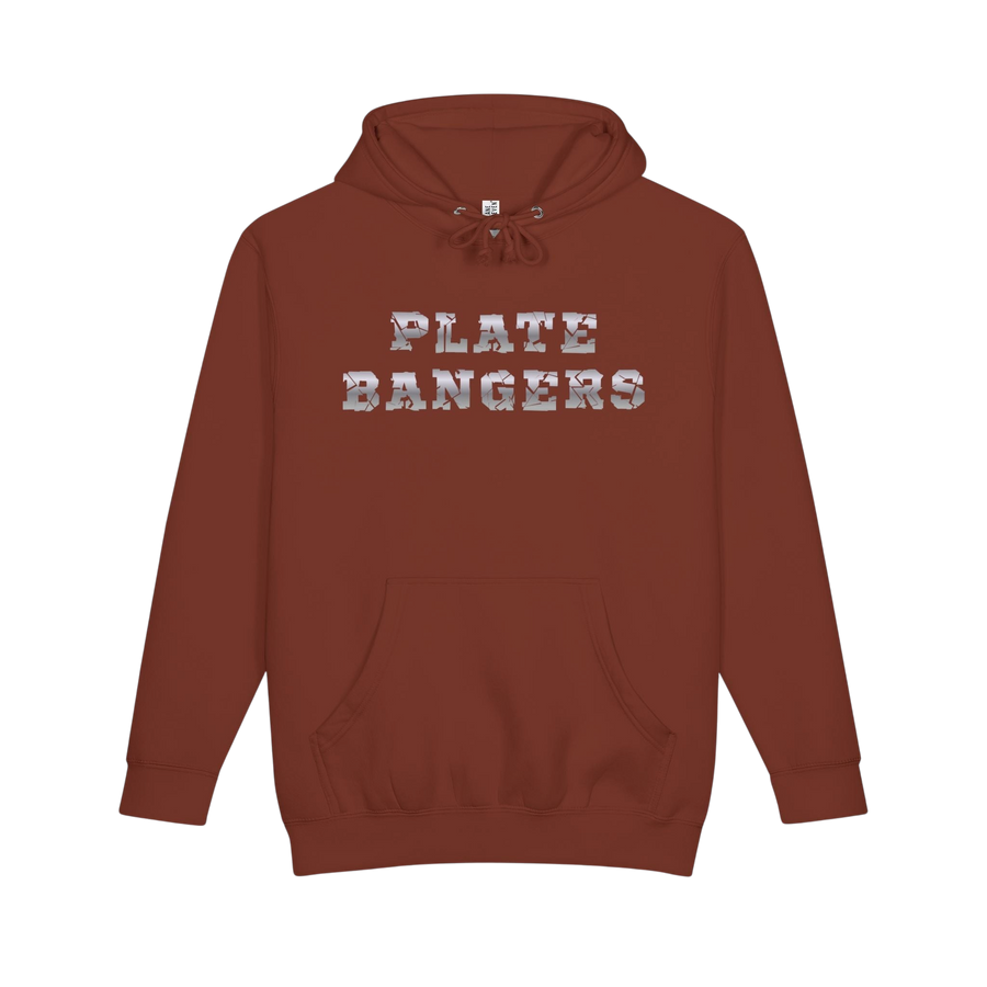 Gray Plate Bangers Hoodie by Printify featuring "Built From What Tried To Break Me" slogan on heavyweight pullover with ribbed cuffs.