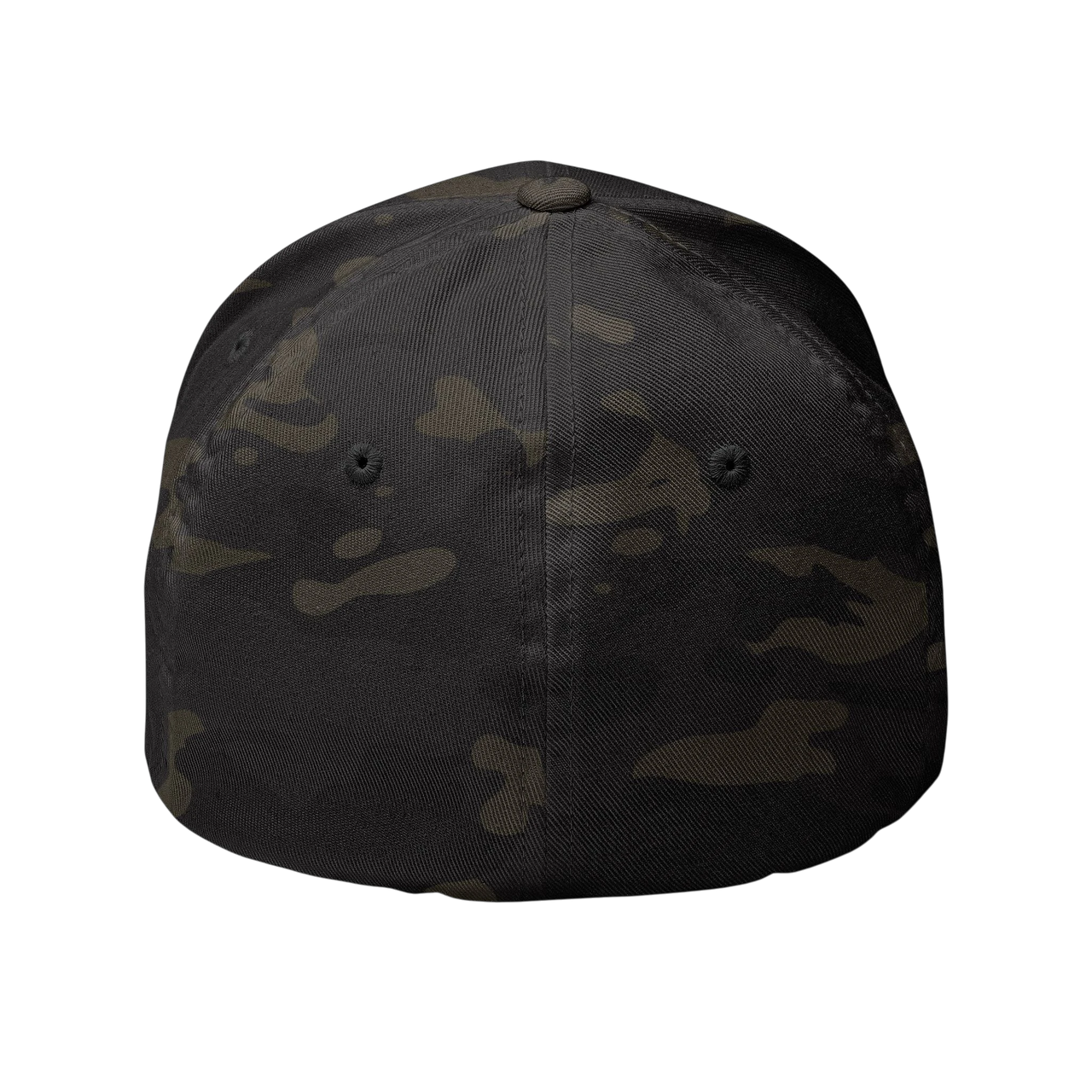 DailyThreadCo. structured black camo baseball cap with a six-panel design and closed-back FlexFit construction.