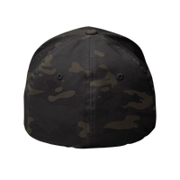 DailyThreadCo. structured black camo baseball cap with a six-panel design and closed-back FlexFit construction.