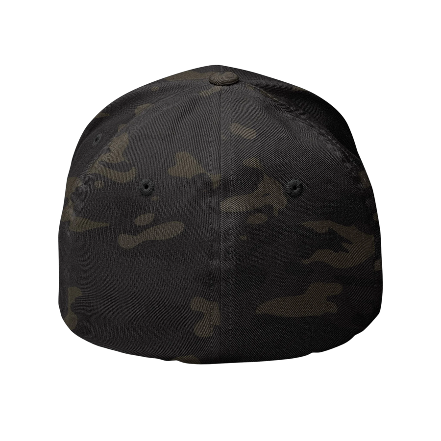 DailyThreadCo. structured black camo baseball cap with a six-panel design and closed-back FlexFit construction.