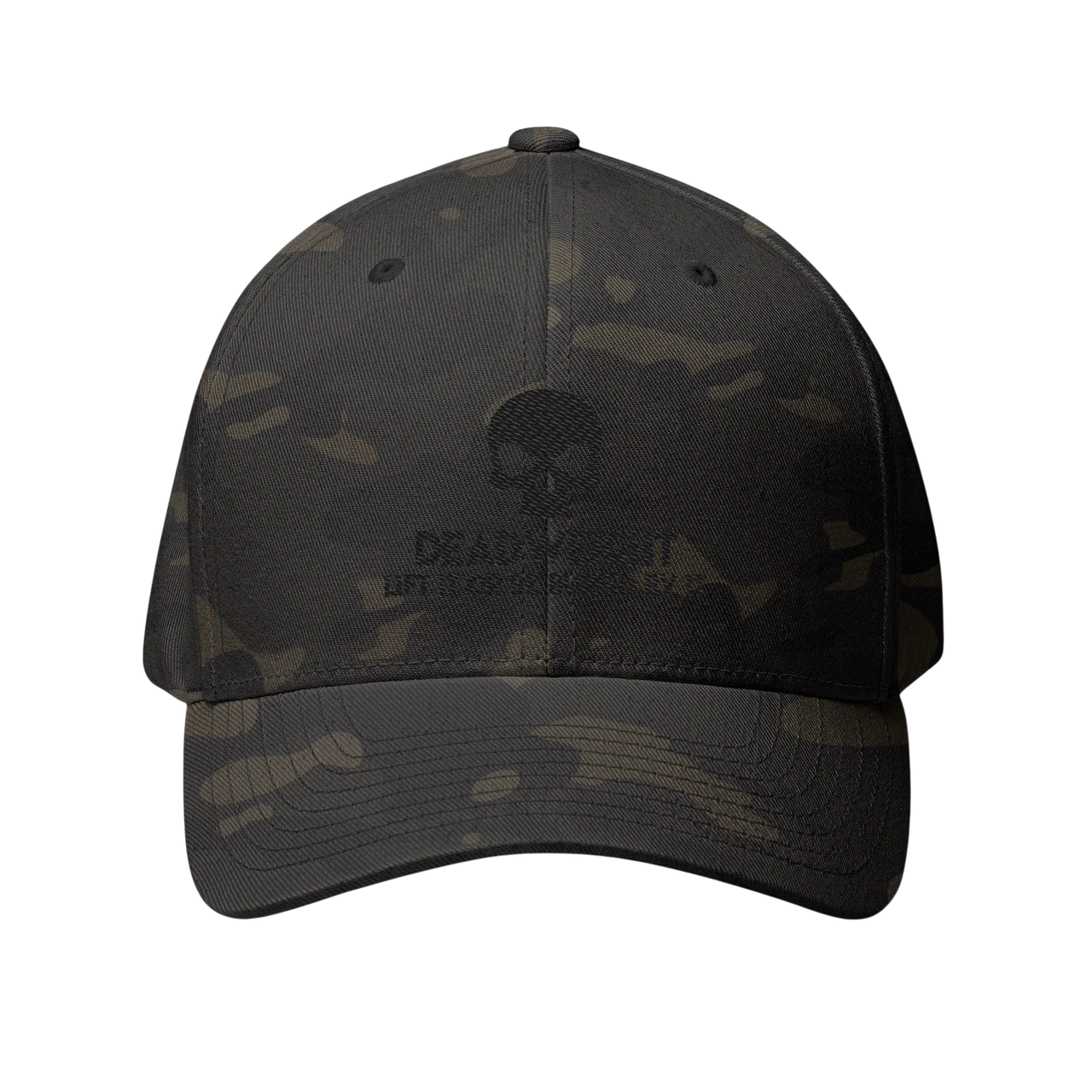 DailyThreadCo. black camo structured cap with embroidered skull motif and Deadweight text on the front.
