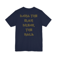 DailyThreadCo. black cotton gym t-shirt with gold geometric back print reading Bang the Iron, Break the Mold.