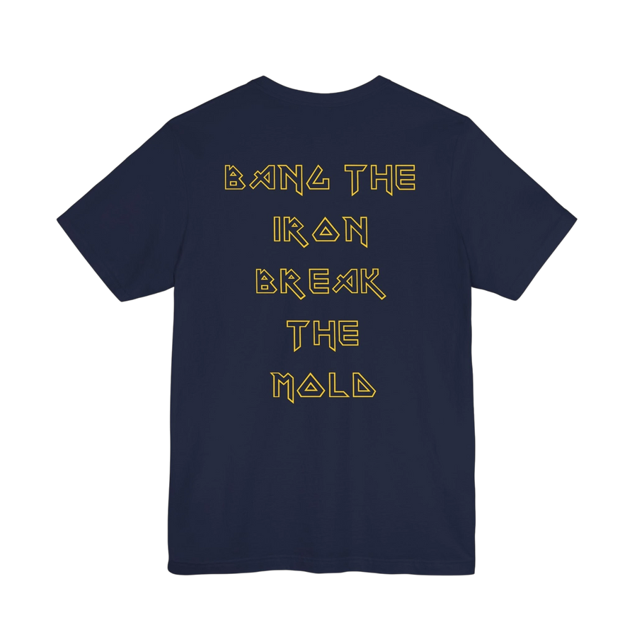 DailyThreadCo. black cotton gym t-shirt with gold geometric back print reading Bang the Iron, Break the Mold.